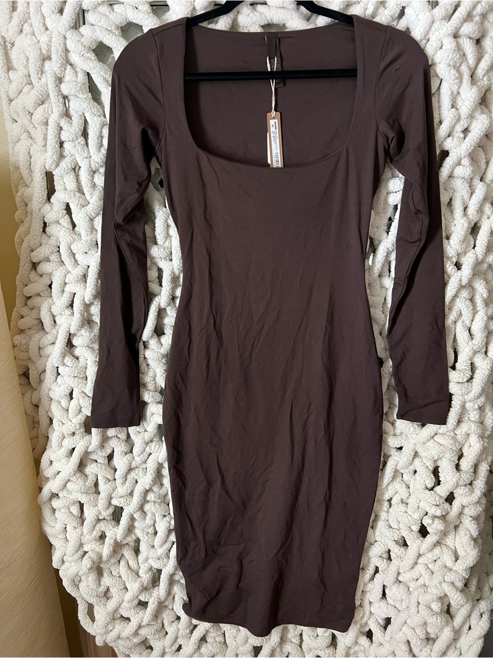 SKIMS SMOOTH LAYERS SQUARE NECK LONG SLEEVE MIDI DRESS NWT - ESPRESSO
